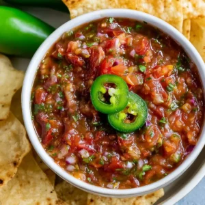 A bowl of homemade roasted tomato salsa garnished with fresh herbs
