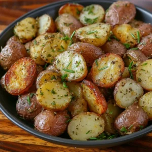 Bowl of rosemary roasted potatoes garnished with fresh rosemary