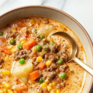 Bowl of creamy Shepherd's Pie Soup topped with herbs and bread