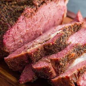 Deliciously smoked corned beef brisket served on a wooden cutting board