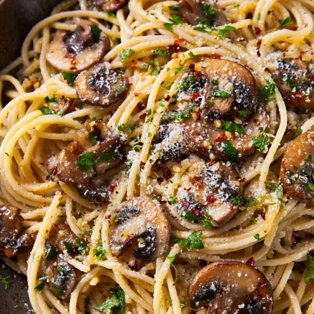 Plate of spaghetti with sautéed mushrooms, garlic, and butter sauce