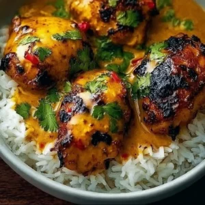 Deliciously spicy Brazilian Coconut Chicken garnished with fresh herbs