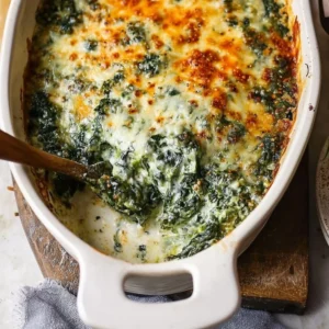 Creamy spinach gratin dish served in a baking dish for a healthy meal.