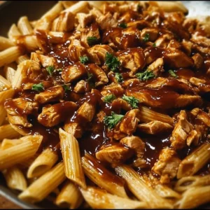 Delicious Sticky Sweet Chili BBQ Chicken Pasta served in a bowl