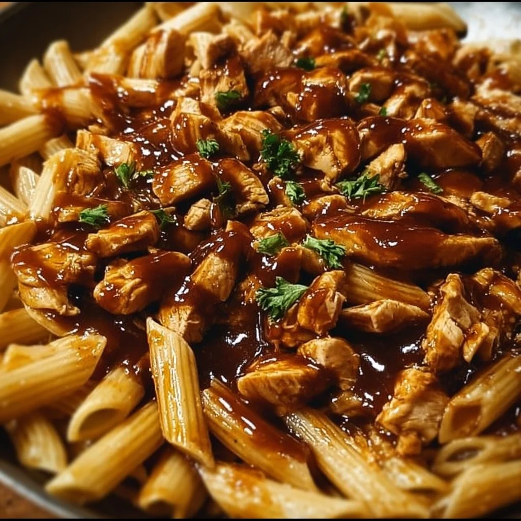 Delicious Sticky Sweet Chili BBQ Chicken Pasta served in a bowl