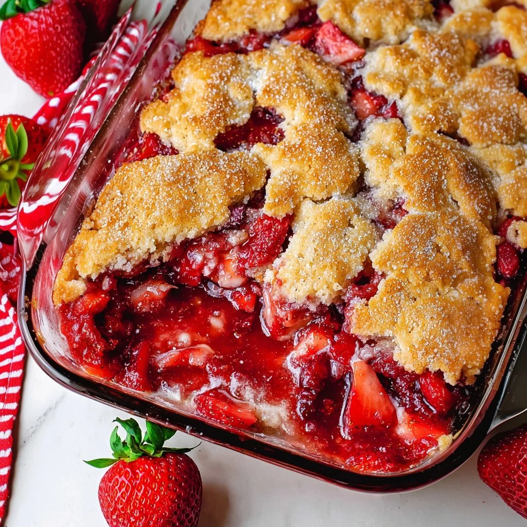 Freshly baked strawberry cobbler topped with golden crust and served in a dish.