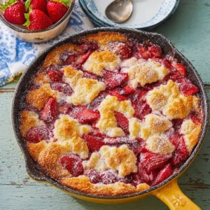 Delicious homemade strawberry cobbler topped with a golden crust and fresh strawberries.