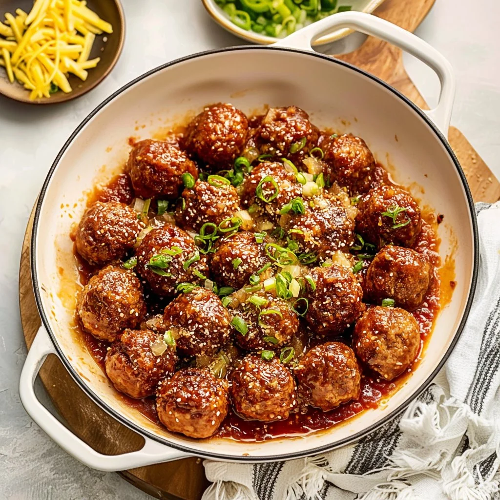 Plate of sweet and sour meatballs garnished with herbs and served with rice.