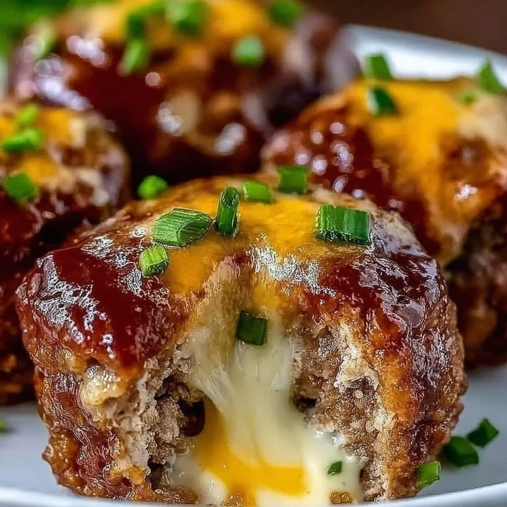 Ultimate cheesy stuffed meatloaf bites ready to serve on a platter.