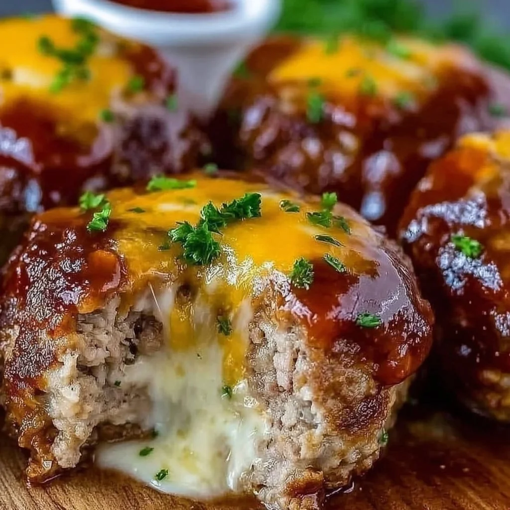 Ultimate gooey cheesy stuffed meatloaf bites on a plate