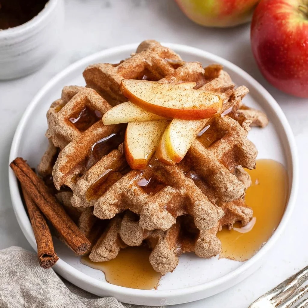 Vegan apple cinnamon waffles topped with fresh apples and cinnamon spices