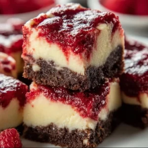 Delicious white chocolate raspberry cheesecake bars on a wooden table