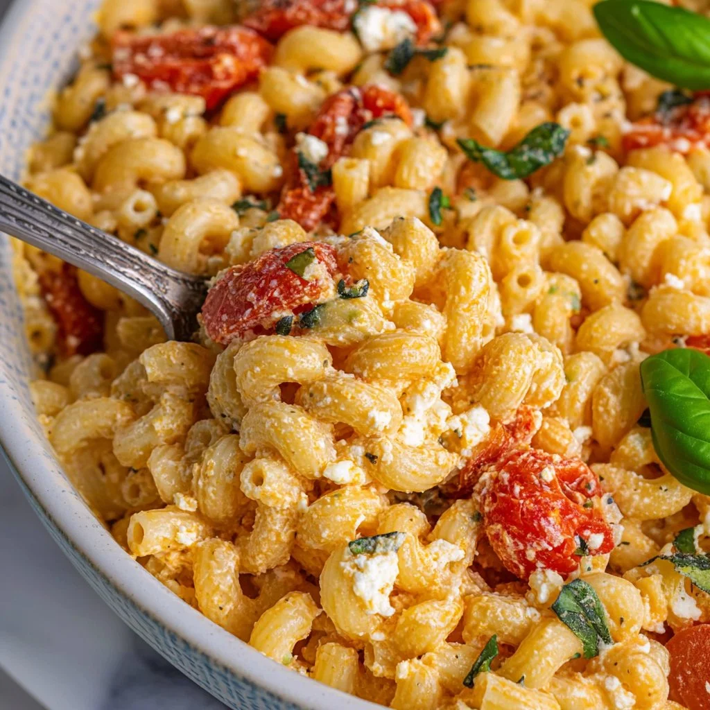 Baked feta pasta dish with tomatoes and herbs in a baking dish