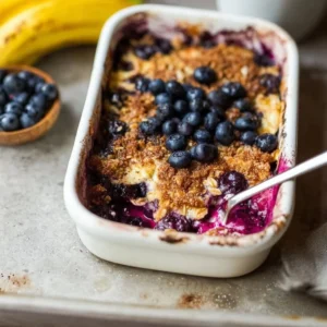 Baked oatmeal with blueberries served in a bowl topped with fresh berries.