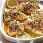 Delicious baked white fish served on a plate with herbs and lemon slice.