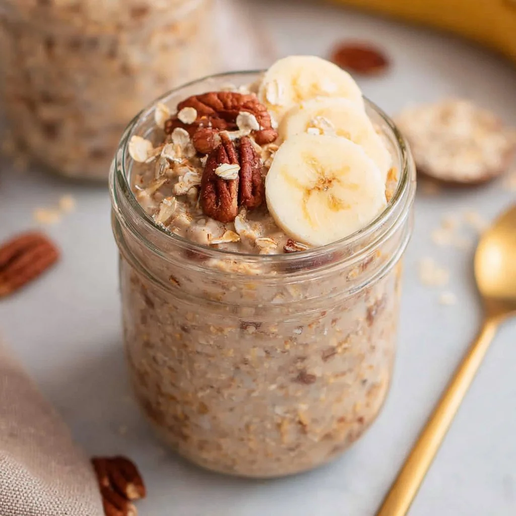 Bowl of banana bread overnight oats topped with banana slices and nuts.