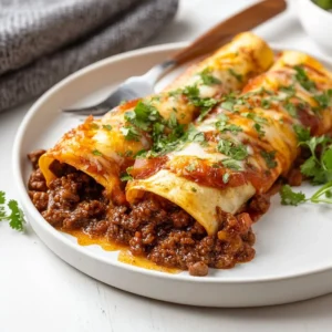 Delicious beef enchiladas topped with cheese and creamy sauce