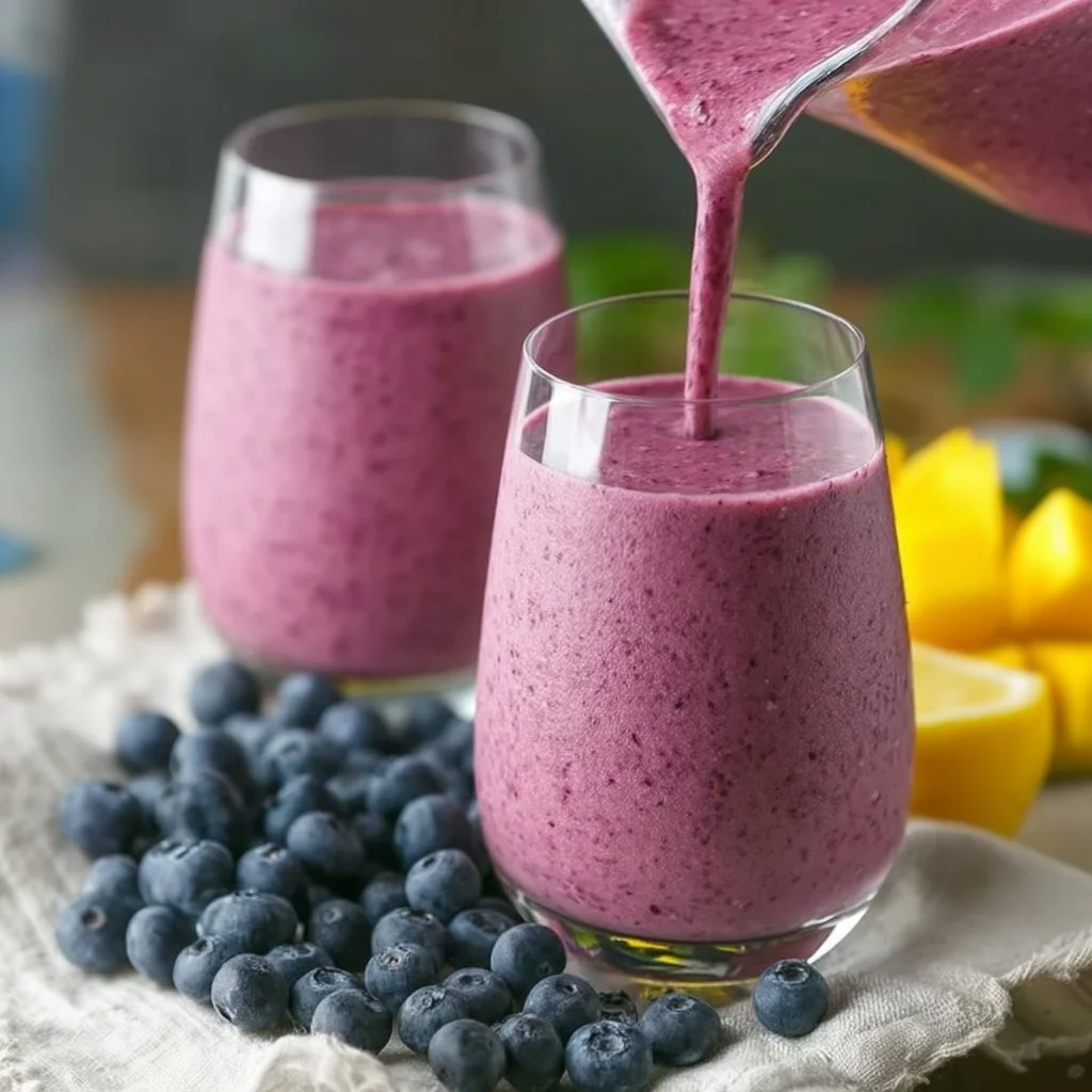Delicious Blueberry Mango Smoothie in a clear glass with fresh fruit