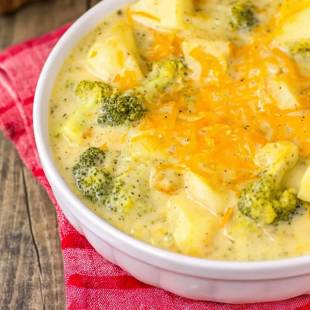 Delicious bowl of creamy broccoli potato soup garnished with fresh herbs