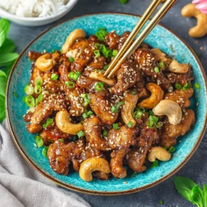 Plate of creamy cashew chicken topped with roasted cashews and vegetables