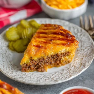 Delicious cheeseburger pie served on a plate, showcasing layers of beef and cheese.