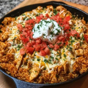 Bowl of Cheesy Chicken Taco Rice topped with cheese and fresh ingredients