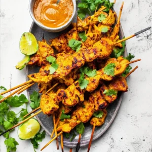 Delicious homemade chicken satay served with peanut sauce