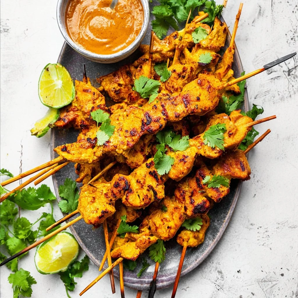 Delicious homemade chicken satay served with peanut sauce