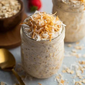 Coconut Cream Pie Overnight Oats topped with coconut flakes and fresh fruit