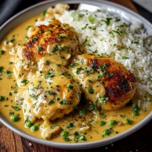 Creamy smothered chicken dish served over rice for a comforting meal.