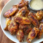 Crispy baked chicken wings served with dipping sauce on a platter