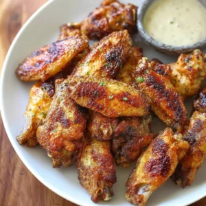 Crispy baked chicken wings served with dipping sauce on a platter