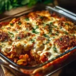 Delicious Chicken Parmesan Casserole baked with cheese and herbs for a cozy family meal.
