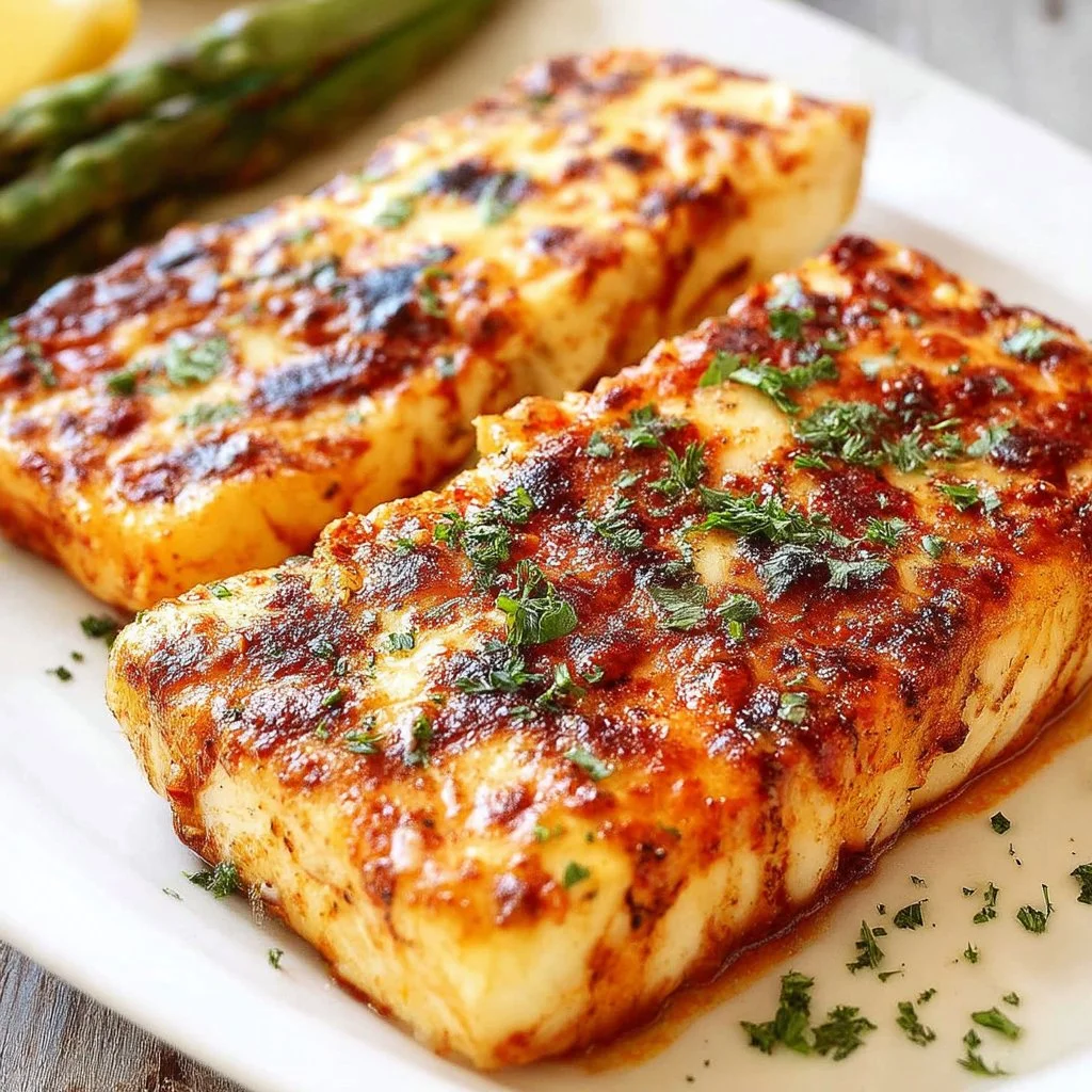 Delicious grilled halibut dish served with fresh herbs and lemon