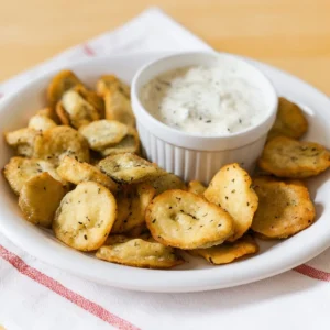 Crispy fried pickles served with a dipping sauce