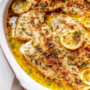 Garlic butter oven baked tilapia on a plate with fresh herbs