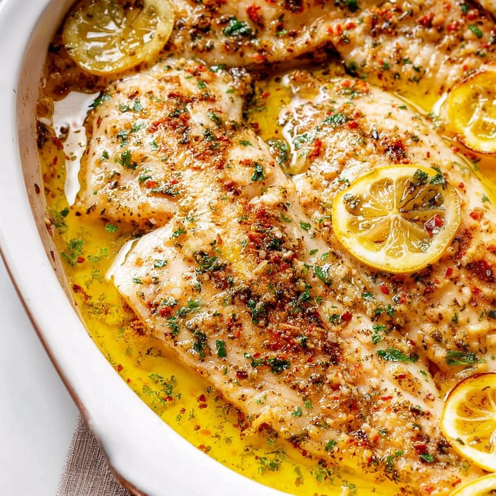 Garlic butter oven baked tilapia on a plate with fresh herbs