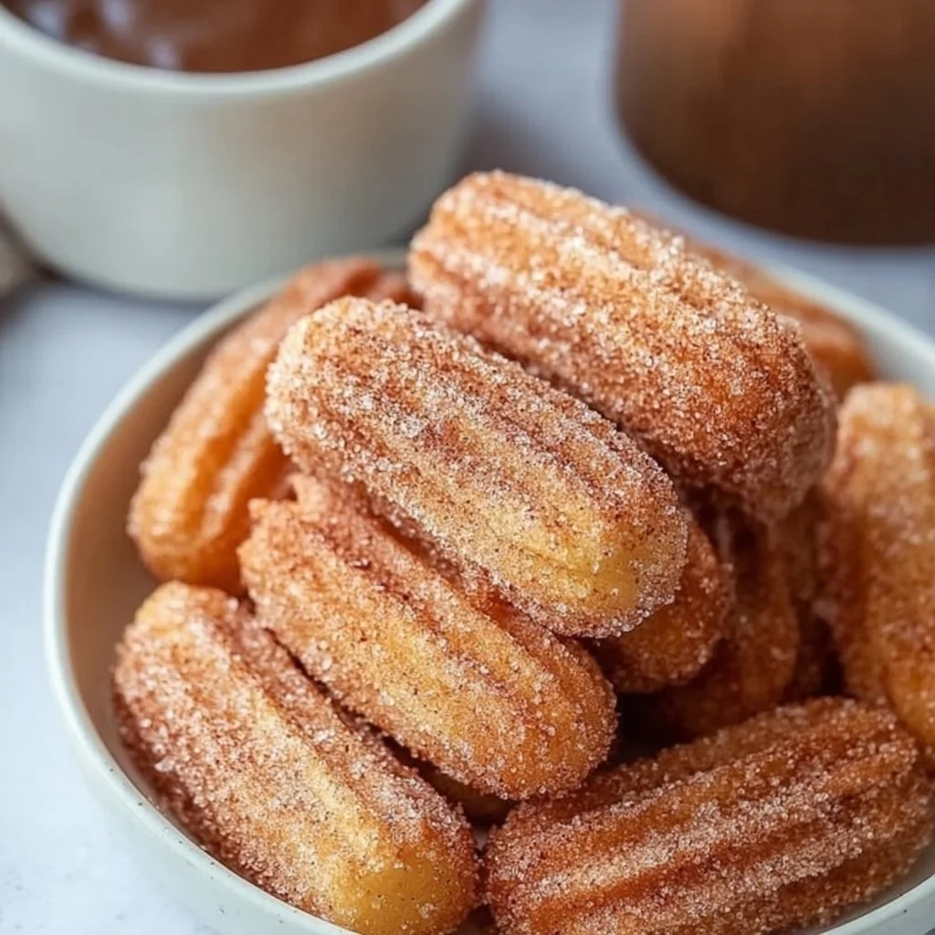Plate of healthy baked churro bites drizzled with cinnamon and sugar.