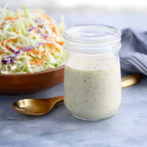 Bowl of homemade coleslaw dressing with fresh vegetables