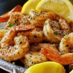 Plate of Ina Garten's roasted shrimp with lemon and garlic