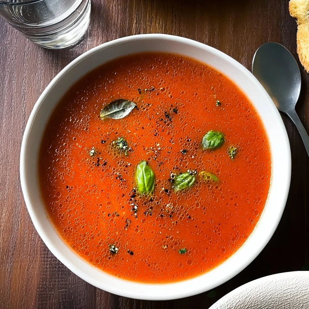 Bowl of Ina Garten's roasted tomato soup garnished with fresh basil