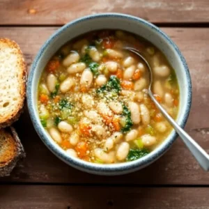 A bowl of Ina Garten's Tuscan White Bean Soup garnished with herbs.
