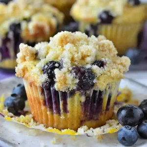 Freshly baked lemon blueberry muffins on a rustic wooden table