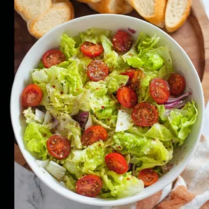 Lettuce salad topped with Italian dressing and fresh vegetables