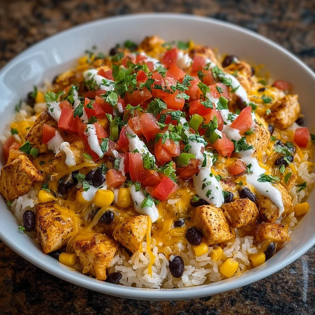 One-Pot Cheesy Southwest Chicken & Rice in a skillet garnished with fresh herbs.