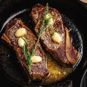 Delicious pan seared steak cooked to perfection, served with herbs and spices.