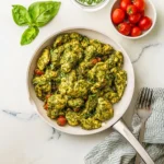 Pesto Chicken Skillet served in a cast iron pan with fresh ingredients