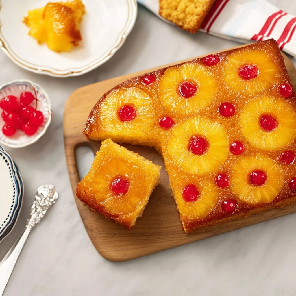 Pineapple Upside Down Cake made with cake mix, garnished with cherries and pineapple slices.