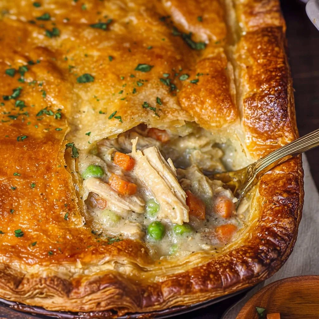 Delicious puff pastry chicken pot pie with fresh vegetables and herbs