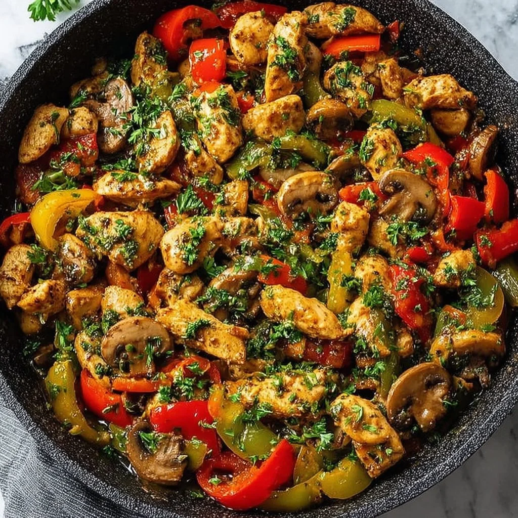 Quick and healthy chicken skillet dish with colorful vegetables